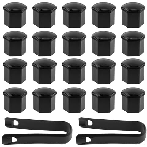 MISIQIMA 20 Pièces Cache Ecrou, 19 mm Capuchons de Boulons de Roue avec Outil de Démontage, Universel Cache-écrous de Pneu Hexagonaux pour Écrous de Roue de Voiture (Noir)