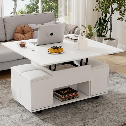 Bladez Couchtisch mit höhenverstellbarer Platte | 2-in-1 Multifunktionstisch, Mit 2 Schubladen & Schrank | Weiß & Holzumwandelbar in Esstisch | (White + Particle Board)