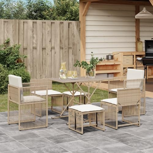 JHQHSM 7-TLG. Garten-Essgruppe mit Kissen Beige Poly Rattan, PE-Rattan Gartenmöbel mit Stahlrahmen für Terrasse, Außenbereich Sitzgruppe mit abnehmbaren Bezügen und platzsparender