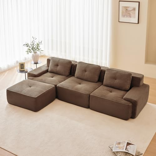 Dolamaní Boneless Modular 3-Sitzer-Sofa + 1 Hockern Cord, montagefrei, Tiefem Sitz, L-förmiges, modernes Ecksofa Eckcouch Couch für Wohnzimmer/Schlafzimmer/Büro/Wohnung (Braun)