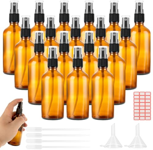LDHHYH 18 Stück Braunglas Sprühflasche, Zuverlässige Sprühflasche 100ml mit Etiketten, Sprühflaschen Glas für Ätherische Öle und Pflanzenpflege