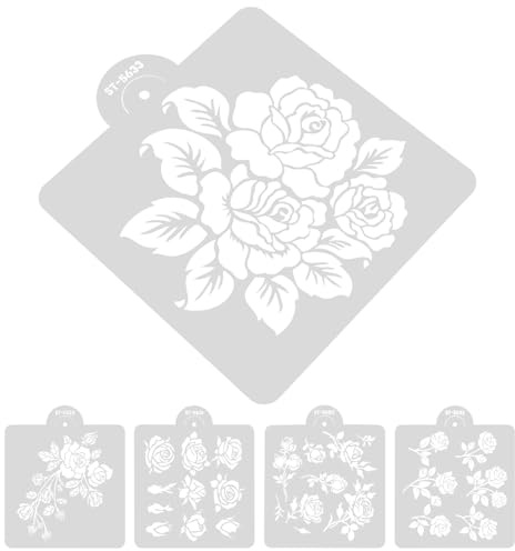 Ipetboom Pochoirs de Peinture Réutilisables Motifs Roses 5 Feuilles Souples pour Loisirs Créatifs, Dessin et Décoration Murale, Bois, Verre, Projets Diy, Outils de Pochoir Précis et Solide