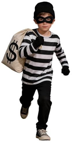 Generisch Dieb Kostüm Kinder Räuber Kostüm Mädchen Und Jungen Faschingskostüme Kinder Panzerknacker Kostüme Mit Dieb Maske Handschuhe Geldsack Socken Hut T-Shirt Cosplay Verbrecher Kostüme