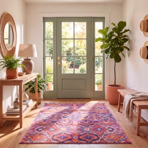 SAFAVIEH Boho Teppich für Wohnzimmer, Esszimmer, Schlafzimmer - Madison Collection, Kurzer Flor, Fuchsia und Multi, 122 X 183 cm