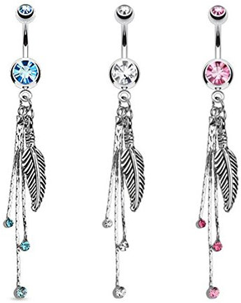 beyoutifulthings Bauch-nabelpiercing Feder Anhänger 1,6mm 10mm Nabel-Piercing Edelstahl Chirurgenstahl Bananabell Zirkonia Silber Pink Aqua Clear