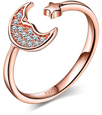 Infinite U - Elegante anello in argento sterling 925 placcato oro rosa, con stella, luna e pietre di zirconia cubica, per fidanzamento o matrimonio, design aperto, misura regolabile da 12 a 17