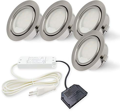 Rolux LED Einbauleuchte DF-9251B-2, 4er-Set inkl. LED-Trafo, 2,5W ersetzt 20W Halogen, matt-chrom, Bohrloch 55–60mm, 10–20V AC/DC Multivolt, warmweiß 3000K, ultra-flach, austauschbares G4-Leuchtmittel