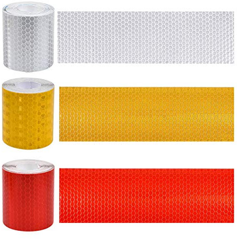 Kissral 3pcs Cinta Reflectante Adhesiva 3 Metros×50 mm Cinta Adhesiva Decorativa Coche Cinta de Seguridad para Camion Moto Bicicleta Conducir de Noche, Recordatorio de Seguridad, Amarillo Rojo Blanco