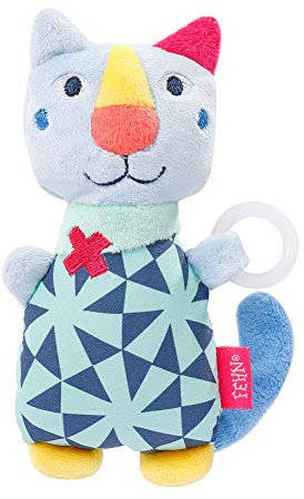 Fehn 055474 Schnullertier Katze COLOR Friends – Spieltier mit Rassel und Schnullerhalter für Babys ab 0 Monaten – Größe: 14 cm