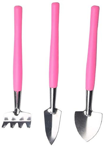 FülleMore Mini Gartenwerkzeug 3er Set Gartengeräte Pflanzwerkzeug Edelstahl Gartenschaufel Spaten Rechen mit Kunststoff Griffe Sukkulenten Topfpflanzen Garten Werkzeug Set (Rosa)