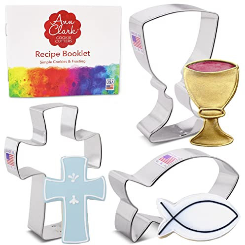Juego de 3 cortadores de galletas de Pascua para confirmación de comunión y bautizo, fabricado en los Estados Unidos por Ann Clark, cáliz, pez de Jesús, Santa Cruz
