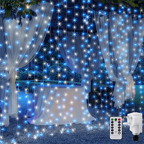 2M x 2M Curtain Light Mains Powered, Backdrop Window Curtain Light Hanging Backdrop Fairy Lights Plug in Linkable,204 LED,Remote for Room Indoor Gazebo Decor(Blue+White)