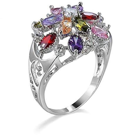 BCughia Ring Schmuck Egirl, Ringe Frauen Blumen andersfarbig Oval Zirkonia Versilbert Blume Verlobung Engagement Damen Ring 58
