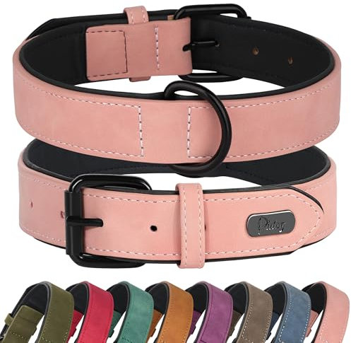 Didog Weich gepolstertes Hundehalsband aus Leder,strapazierfähiges Hundehalsband aus Leder mit Verstellbarer rostfreier Metallschnalle für kleine, mittelgroße und große Hunde, Pink, XL