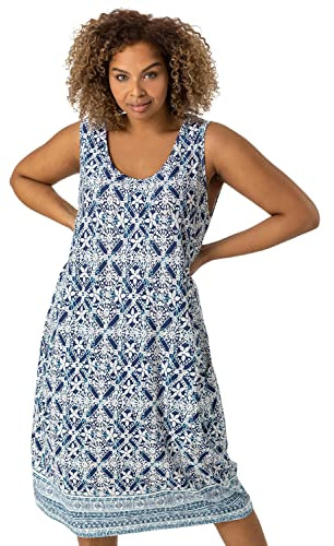 Roman Curve Women Geo Print Cocoon Dress - Ladies Spring Everyday Summer Evening Vacation Work Holiday Sleeveless Smart Casual - Plus Blue - Size 3032