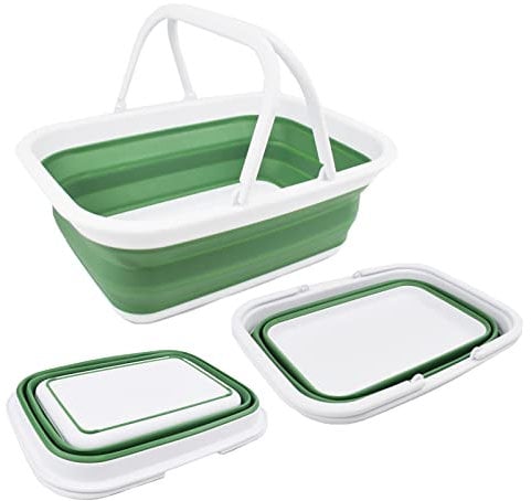 SAMMART 9,2 l zusammenklappbare Wanne mit Griff – tragbarer Picknickkorb für den Außenbereich – Faltbare Einkaufstasche – platzsparender Aufbewahrungsbehälter (Weiß/Dunkelmeergrün)