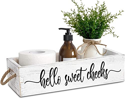 PZJIEAN 2 Seiten Weiß Lustige Sprüche Toilettenpapier Badezimmer Dekor Box mit Griff, Bauernhaus Badezimmer Dekor Box für Toilettenpapier
