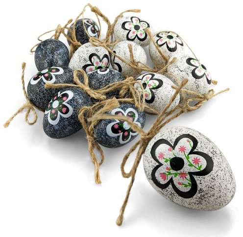Netuno 12 Oster-Eier mit Anhänger 4cm Weiß Schwarz mit Blume Kunststoff-Eier Osterdeko zum Aufhängen Deko-Eier aus Plastik mit Schnur Kunststoffeier Frühlingsdeko Plastik-Eier Oster-Dekoration