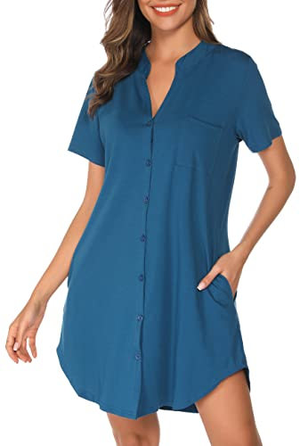 Vlazom Chemise de Nuit,Chemise de Nuit Femme Col V Manches Courtes Robe de Nuit Bouton Ouvert Devant Chic VêTements de Nuit Femme Grande Taille, L,B-Bleu Cobalt