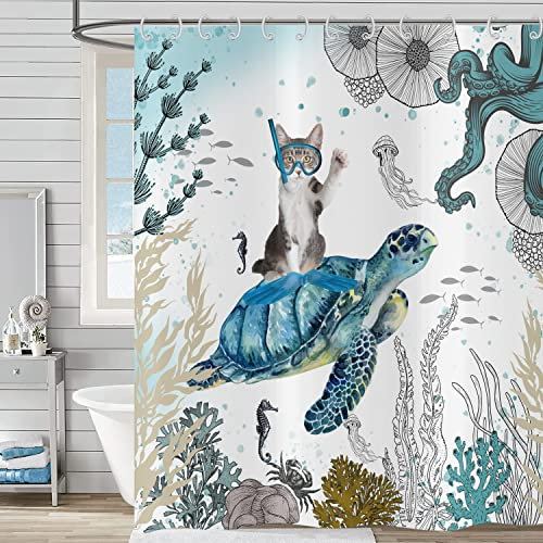 Hnmdmyi Rideau de Douche Drôle 180x180, Chat Mignon Chevauchant Une Tortue de Mer - Bain Océan Paysage Sous-Marin Récif Corallien Animaux Marins - Pour Enfants, Tissu Étanche Lavable
