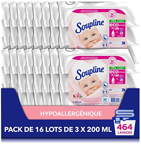 SOUPLINE - Süße Mandel Weichspüler-Konzentrat Soupline hypoallergen – Eco-Nachfüllpackungen – aktive Formel mit Kälte – 92 % Inhaltsstoffe natürlichen Ursprungs – 16 Packungen à 3 x 200 ml