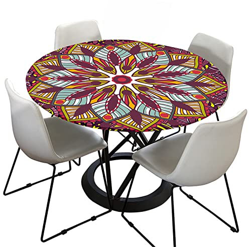 FANSU Mandala Imprimé Nappe Ronde avec Bord Élastique Ronde Nappe de Table Anti Taches Imperméable Couverture de Table Décorations pour Cuisine Jardin (Exotique Violet,Diamètre 140cm)