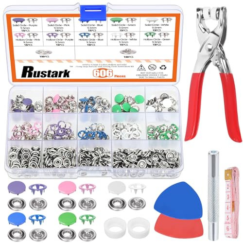 Rustark 608 Stück 5 Farben Druckknöpfe Set mit Zange Beinhaltet 9.5mm Jersey Druckknöpfe Hohle und Solide, Snaps Zange, Stanzwerkzeug, Lineal und Nähkreide für DIY Nähen Handwerk