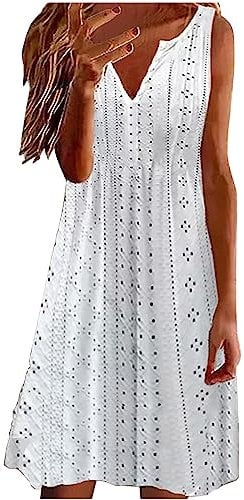 AMhomely Dresses for Women UK Elegant V Neck Summer Loose Sleeveless Beach Sundress Ladies Bohemian High Waist Tunic Dress A Line Daily Dress Shirt Dresses Soft White, XL