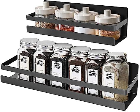 Uten 2 Pack Magnetic Spice Rack Organizer, Magnet Shelf Spice Racks, Wall Mounted Seasoning Organizer for Cabinet Refrigerator Space Saving Kitchen Organization - Black