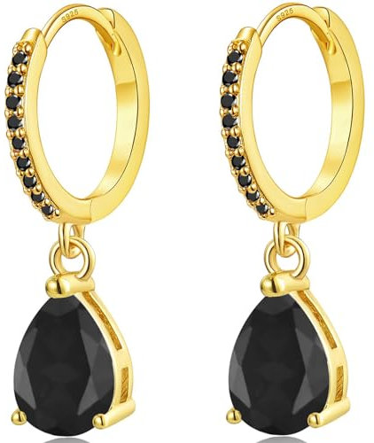 MASOP Creolen Gold mit Anhänger Schwarze Zirkonia Ohrringe Silber 925 Schwarzer Edelstein Wassertropfen Hängend Vergoldet Schmuck Geschenke für Damen Freundin Frauen Mädchen