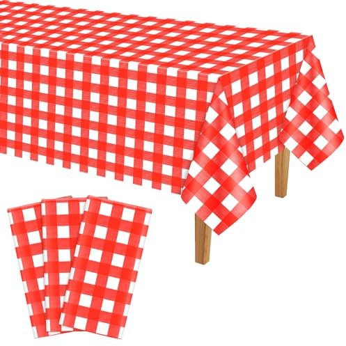 PLULON 3er-Pack rot-weiß Karierte Tischdecken Kunststoff Büffelkaro-Tischdecke Gingham-rote Tischdecke 137 x 274 cm Picknick Babyparty Geburtstag Weihnachten Party Urlaub Abendessen Tischdekoration