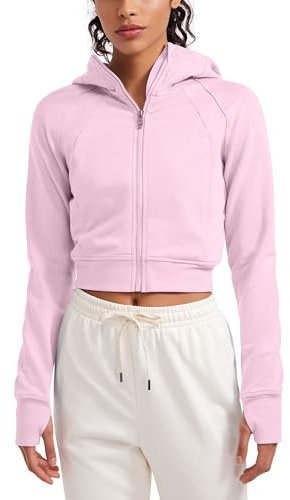 CRZ YOGA Donna Cropped Hoodie Full Zip Jacket Felpe atletiche Casual a Maniche Lunghe con Fori per Il Pollice Peonia Rosa 46