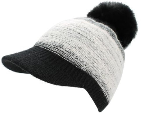 dy_mode Warme Damen Strickmütze mit festem Schirm, gefüttert und zweifarbig - Winter Schirmmütze mit Bommel - A500 (DE/NL/SE/PL, Alphanumerisch, Einheitsgröße, A500-SchwarzWeiß)