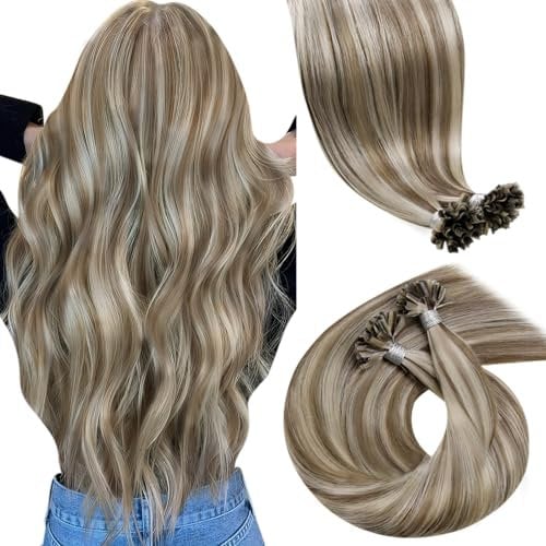 LaaVoo Human Hair Extensions U Tip Real Blonde, Remy Straight Highlight Light Brown & White Blonde Real Hair Extensions, Hot Fusion for Invisible & Stable 50s 50g 16 Inch #p8/24