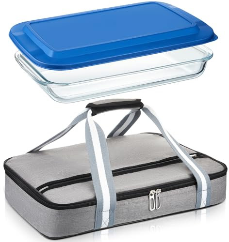FoldTier Glass Casserole with Casserole Carrier 9 x 13 Inch Glass Baking Dish with Lid Insulated Bag for Hot or Cold Food Deep Casserole Dish for Oven for Potluck Party Picnic Cookouts