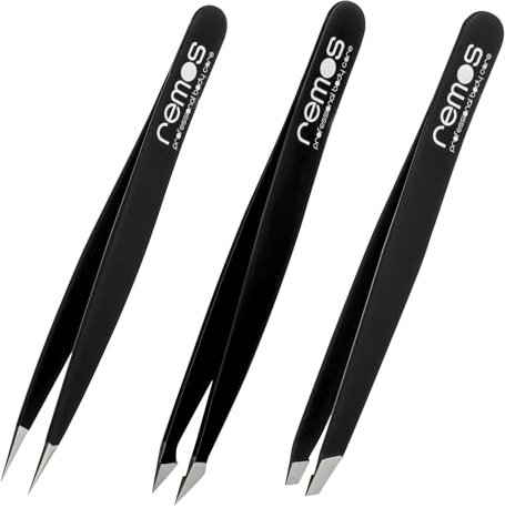 REMOS Pinzetten Set 3-teilig mit Augenbrauen-, Splitter-& Kombipinzette in Schwarz