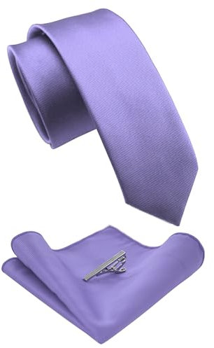 JEMYGINS Schmale Herren Krawatte und Einstecktuch krawattenklammer Set 6cm Lavendelviolett
