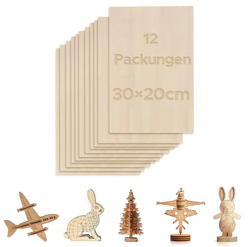 OMTech Plywood Sheets 12 Pack, 300x200 mm Basswood Sheets for Crafts, 3 mm Thick Wood for Laser Cutting Engraving, Unfinished Wood Boards for DIY Projects Drawing Painting Architectural Models