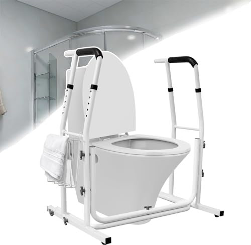 FIVMEN Aufstehhilfe Toilette, WC Stützen Höhenverstellbar Haltegriffe ohne Bohren mit Armlehnen und Ablagekorb, Toilettenaufsatz für Senioren, MAX Belastbar bis 200KG
