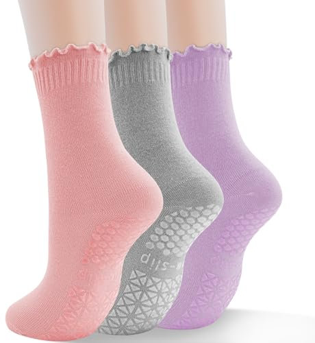 GRPSKCOS Yoga Socken Damen 3 Paar Pilates Socken Antirutschsocken Stoppersocken Damen für Yoga, Barre, Pilates, Krankenhaus,Tanz(#5 Violett+Grau+Pink 35-42)