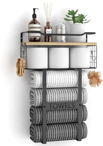 Porte-serviettes mural pour salle de bain – Porte-serviettes mural au-dessus des toilettes, étagère de serviettes enroulée pour petite salle de bain, porte-serviettes vertical en bois pour décoration