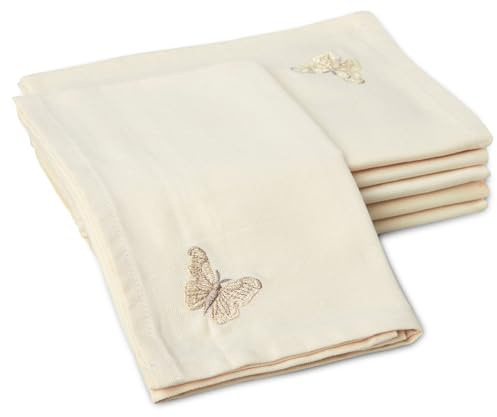 Encasa XO Stoffservietten Baumwolle, Bestickt 17x17 | Creme Schmetterling, Saugfähig & Langlebig | Maschinenwaschbar | Wiederverwendbar | Tischdeko | 6er Set