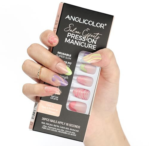 Anglicolor Ongles à pression,ongles à pression pastel,ongles à pression courts,ongles courts en amande,30 faux ongles en gel souple en 15 tailles, kit de faux ongles réutilisables (A101, 30 unités)