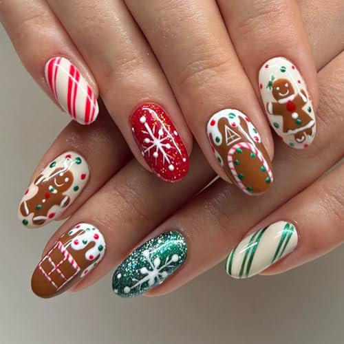 Christmas French Tip False Nails - 24pcs Almond Press on Nails - Glue on Nails with Snowflake Gingerbread Design - Red Green Swirl Fake Nails with Glue for Women DIY Xmas Holiday Nail Art Decoration
