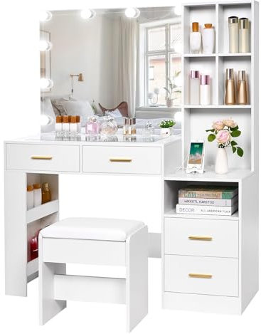 BEWISHOME Coiffeuse avec Miroir LED,Luminosité Réglable,Table de Maquillage avec Plateau en Verre,Coiffeuse avec Prises,Tiroirs et Étagères Rangement, Coiffeuse avec Tabouret, Blanche EFST28W
