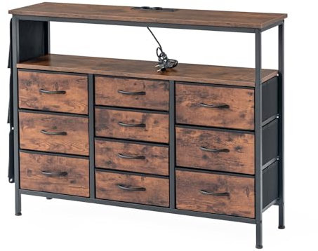 Ginhow Sideboard Holz für Wohnzimmer, Vintage Wohnzimmer Schrank mit LED Beleuchtung — 110x 30x 85 cm, 2 USB und 2 AC Anschlüssen, Kommode Vintage mit 10 Schubladen, Perfekt für Sideboard Küche
