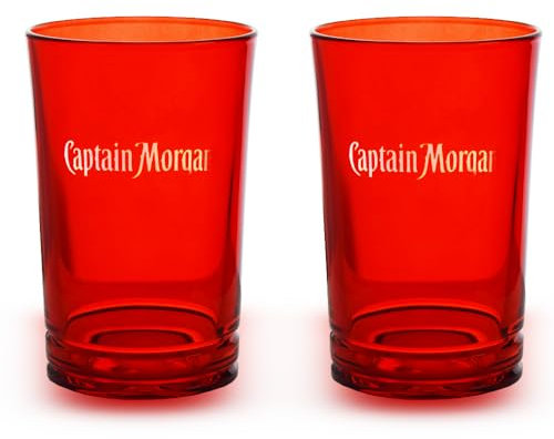 2 Stück Original Captain Morgen Longdrink Cocktail Gläser Likör Gläser-Set mit Captain Morgen Schriftzug, Glas, 0,34l rot