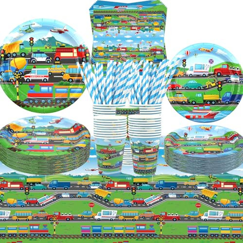 Transportation Theme Party Supplies - Tableware Set With Plates, Cups, Napkins, Tablecover, Straws for Truck Cars Construction Baby Shower, Serves 40