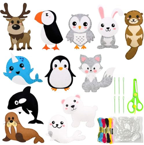 Rayong Nähset Kinder,Tierformen Filz Nähen kinder ab 6 jahre,Animals Sewing Kit,Filz Waldtiere Bastelset,Nähset Für Kinder DIY Art Craft für kuscheltiere (Eistiere)