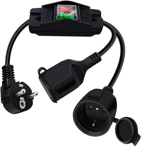 HuaLiSiJi Rallonge Electrique schuko avec Interrupteur 16A 250V Double Prise Schuko Cable D'extension Schuko avec Interrupteur, Prise IP44 pour Une Utilisation Extérieure ou Intérieure (Noir, 1.5m)